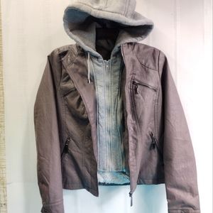 J2 Women's Gray Charcoal Vegan Leather Hooded Jacket Full Zip Size M